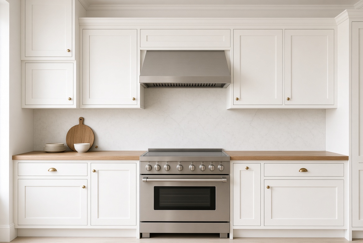 Finished Merit-style range wall after installation, with scribed panels, crown, light valance and a slide-in range set to the approved appliance spec.