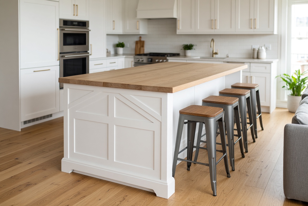 Kitchen island with matching finished end panels, furniture-style side, white Shaker doors and an oak counter, viewed from the living room.