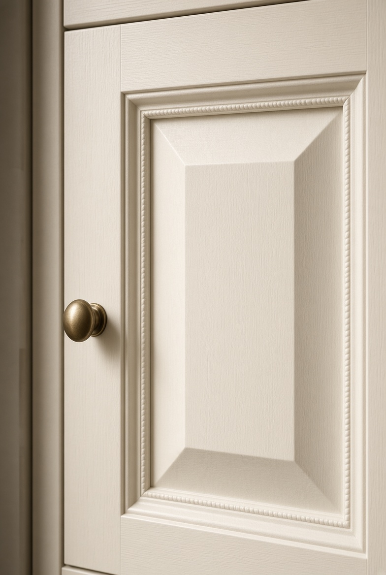 Close-up of a cream painted profiled cabinet door with applied moulding, beading and a wider rail, antique brass knob.