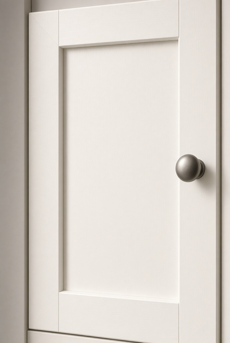 Close-up of a white painted Merit-style Shaker cabinet door showing rail and stile joints, recessed centre panel and an aged pewter knob.