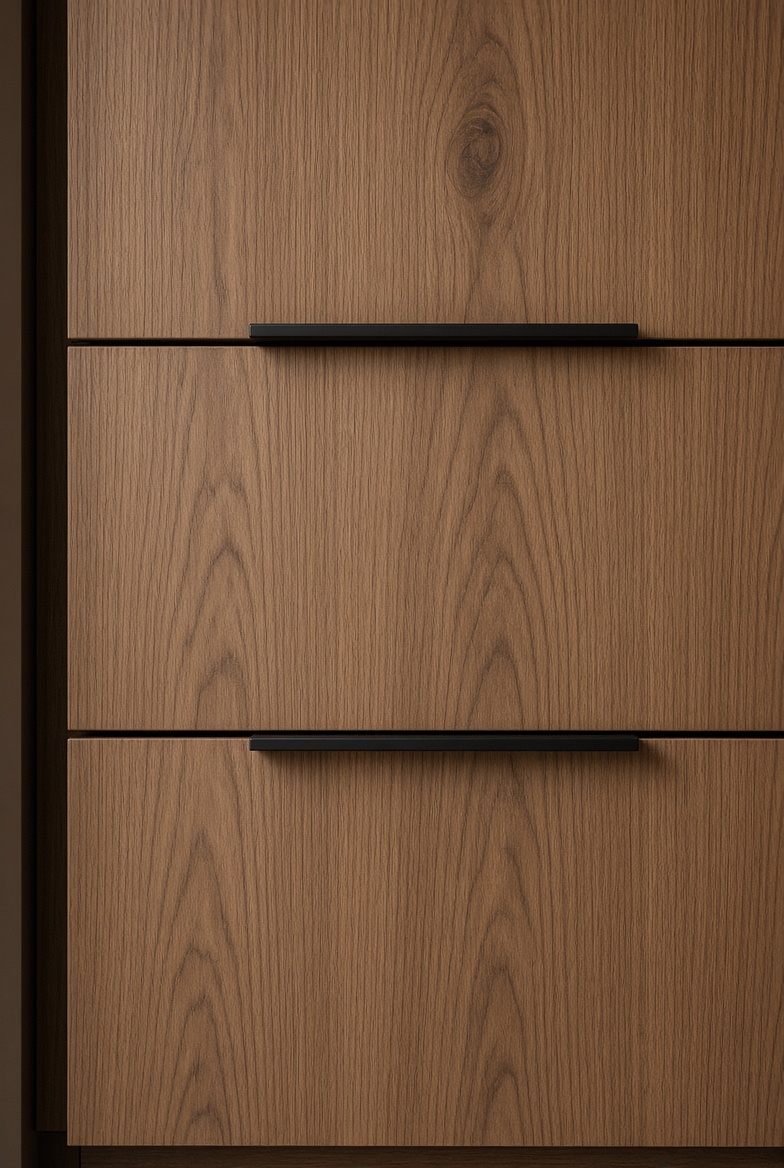 Walnut-veneer Merit-style slab cabinet drawers with continuous vertical wood grain across three stacked fronts and slim black pulls.