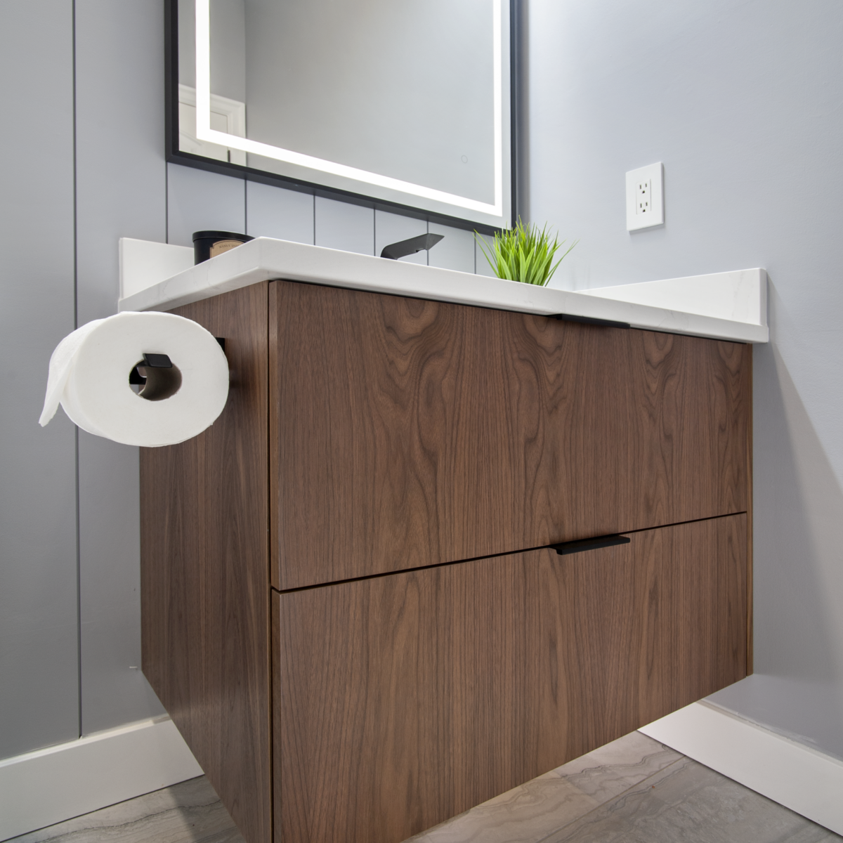 Floating Walnut Powder Room Renovation Floating Walnut Powder Room Renovation