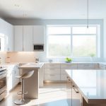 Modern kitchen with island, warm lighting, and sleek finishes.