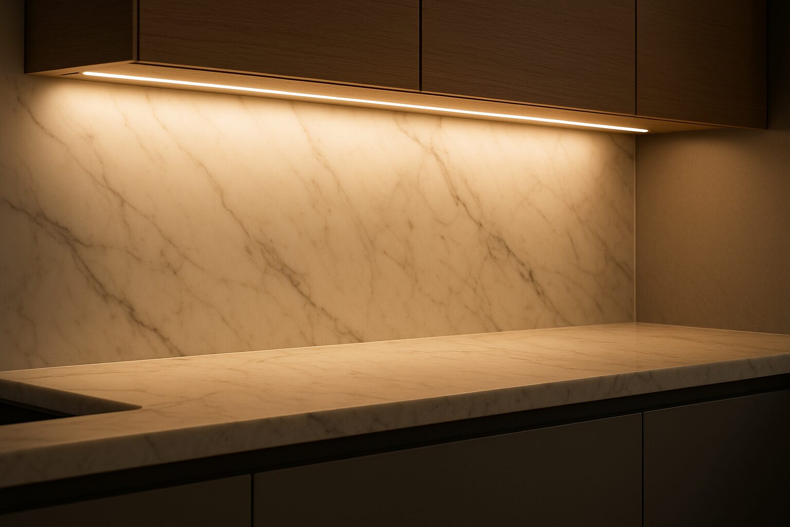 A close-up of under-cabinet LED strip lighting illuminating a marble countertop and backsplash in a modern kitchen, providing task lighting for the food preparation area.