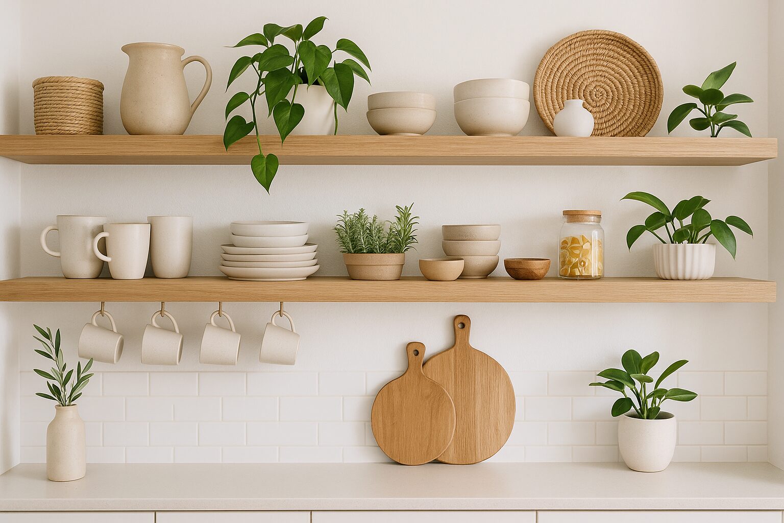 Beautifully styled open kitchen shelving made of floating wood, displaying a curated collection of dishes, plants, and decorative items against a white wall.