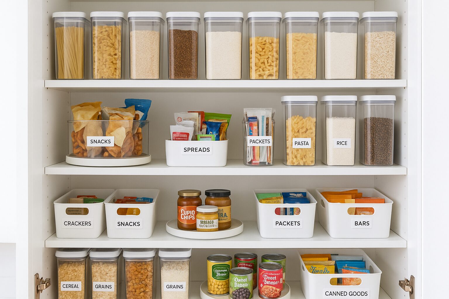 A bright and clean pantry cabinet featuring clear containers, labeled bins, lazy susan turntables, and a highly organized food storage system.