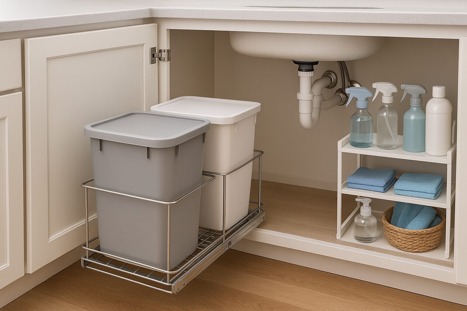 An efficient under-sink cabinet in a modern kitchen, featuring pull-out trash and recycling bins and organized cleaning supplies.