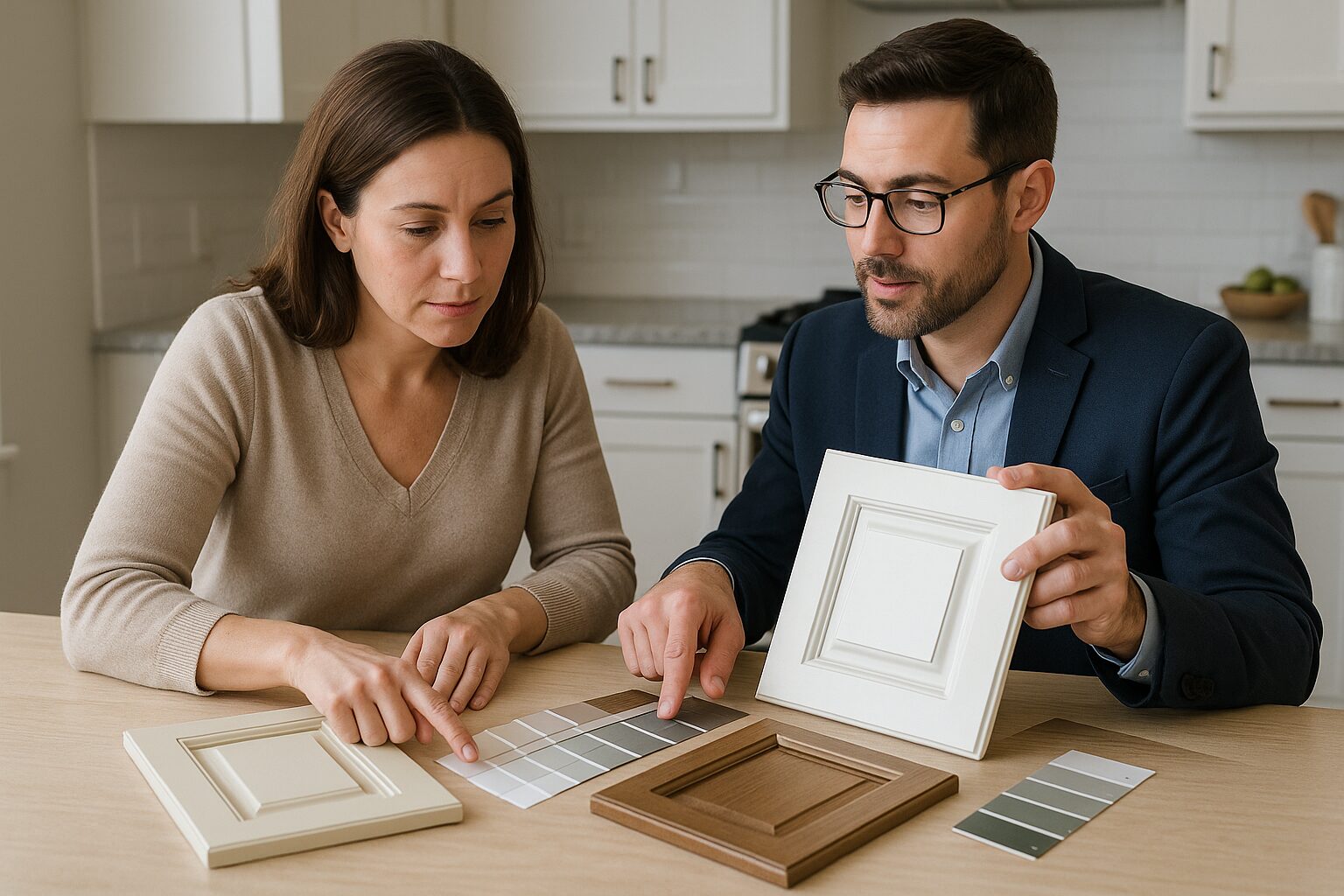 A homeowner in a professional consultation with a kitchen designer, looking at cabinet samples and color swatches to make renovation decisions.