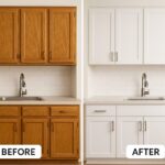 A side-by-side comparison image showing a kitchen cabinet transformation, with dated oak cabinets on the left ('Before') and modern white refaced cabinets on the right ('After').