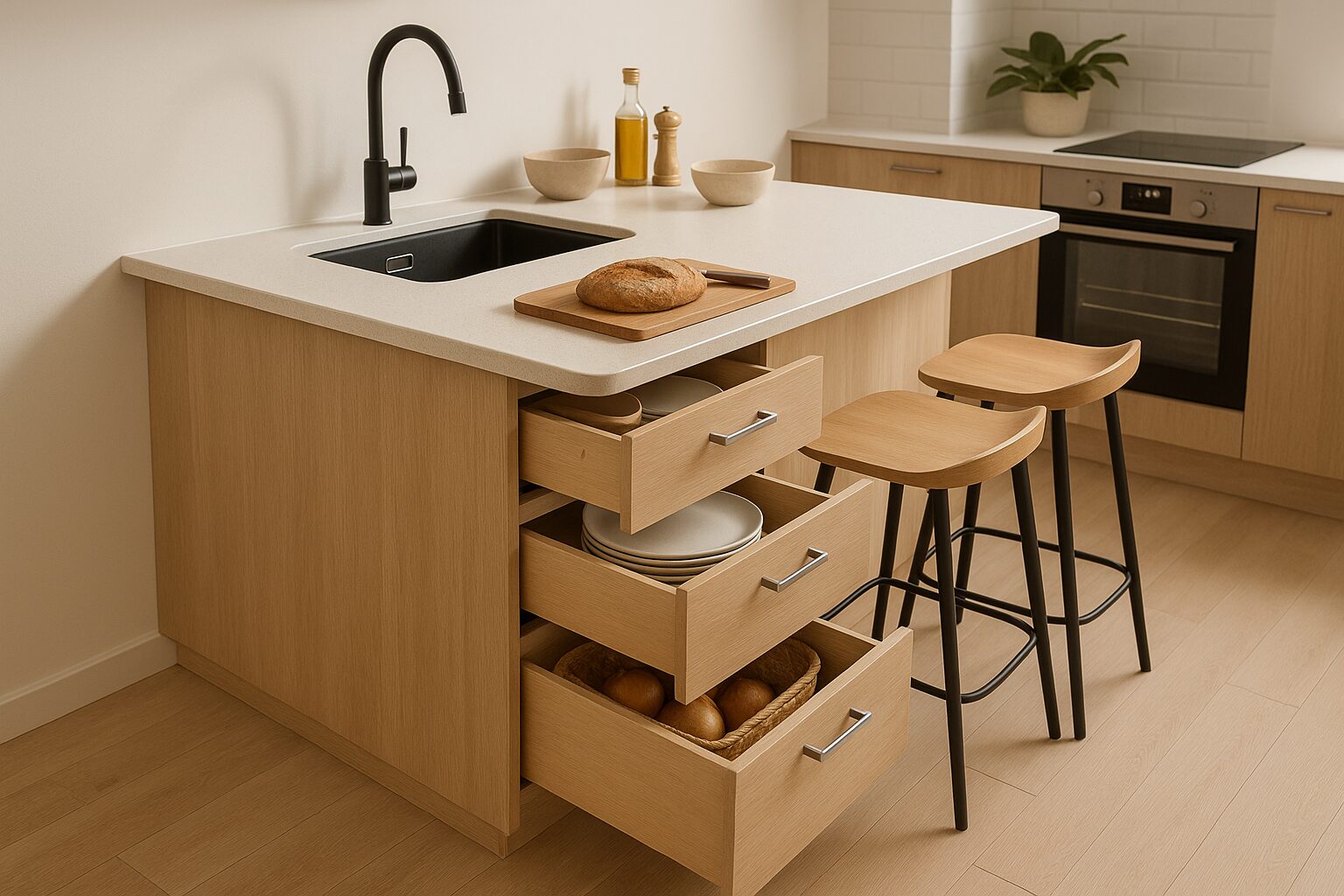 A compact and efficient multi-functional kitchen island in a small space, featuring built-in storage drawers and breakfast bar seating.