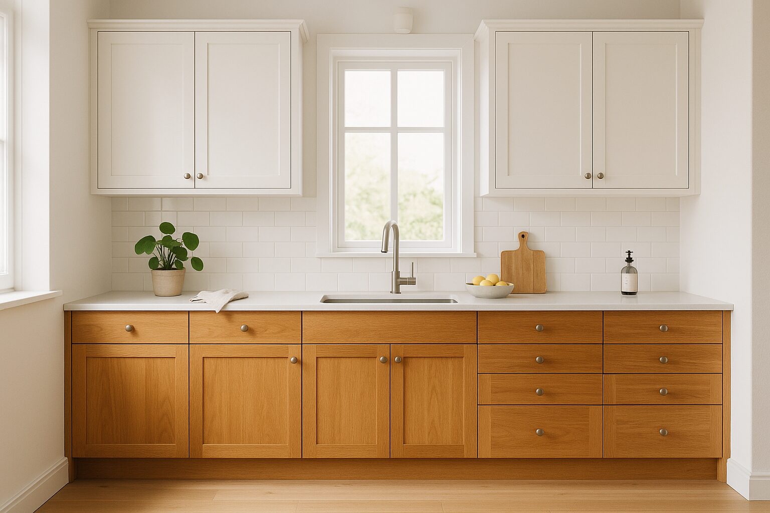 A warm and inviting Scandinavian-style kitchen with two-tone cabinets, featuring natural wood lower cabinets and white painted upper cabinets.