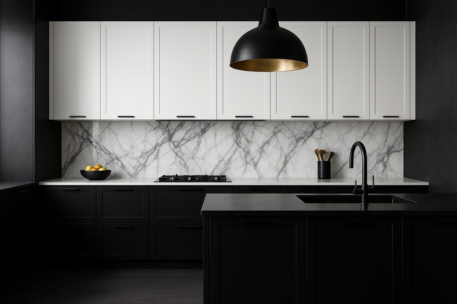 A modern luxury kitchen with a high-contrast, two-tone design, featuring dramatic black lower cabinets and crisp white upper cabinets.