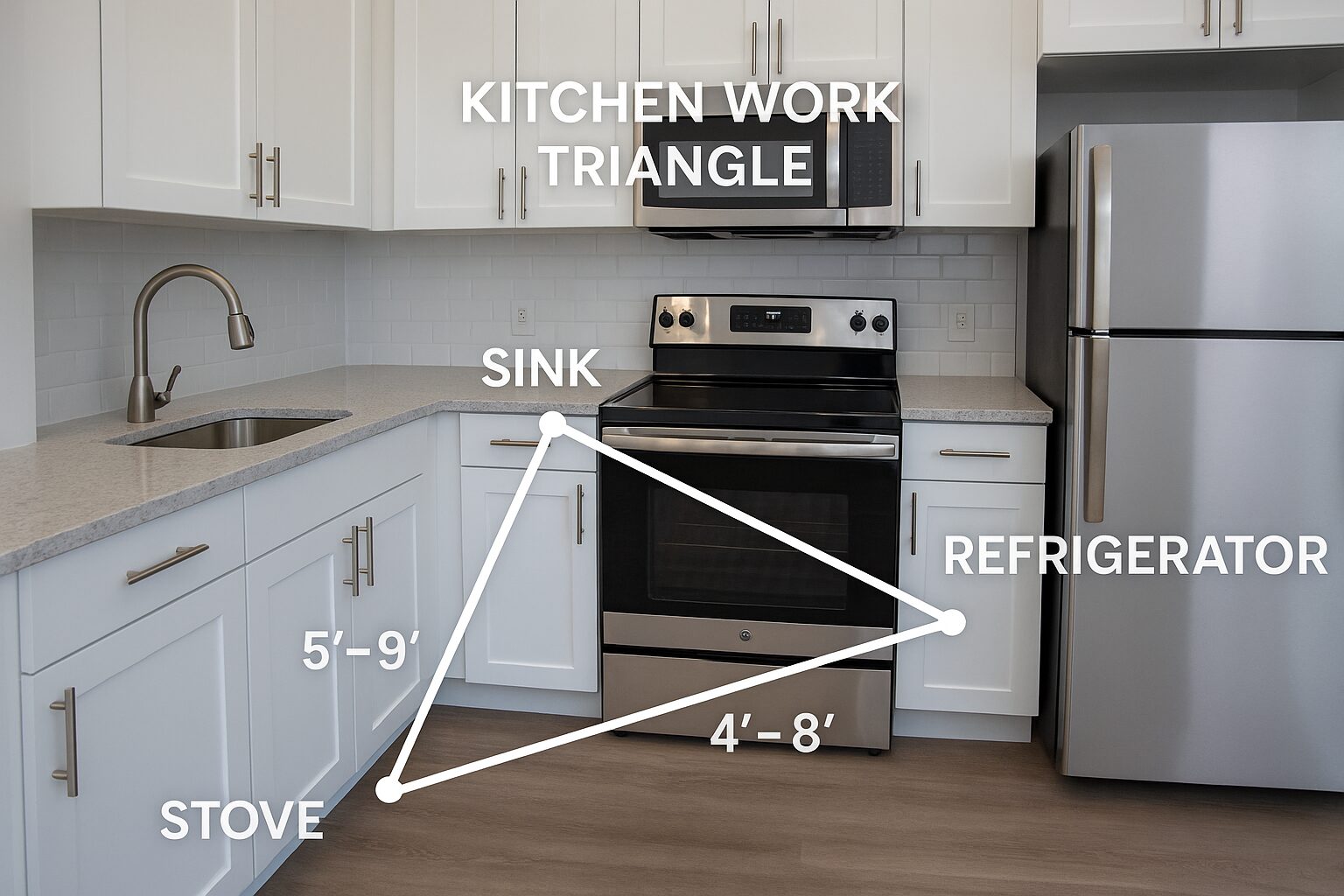An educational diagram of the kitchen work triangle overlaid on a real kitchen photo, showing the optimal distances and relationship between the sink, stove, and refrigerator.