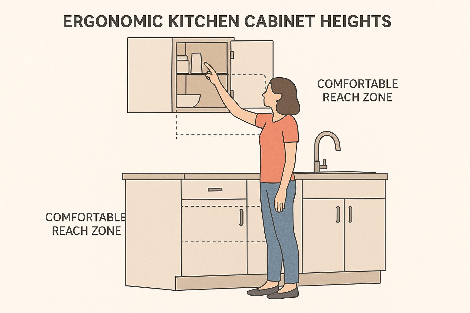 An educational illustration demonstrating ergonomic kitchen cabinet heights, showing the comfortable reach zones for both upper and lower cabinets for a person of average height.