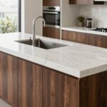 A sleek, modern custom kitchen island with a waterfall quartz countertop, integrated sink, and dark wood cabinetry, shown in a bright, high-end Vancouver home.