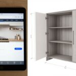 A split-screen image showing a polished kitchen design app on a tablet on the left, and a detailed, technical cabinet blueprint on the right.