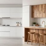 A split-screen hero image contrasting a modern, sleek white melamine kitchen with a classic, warm solid wood kitchen, highlighting the material differences.