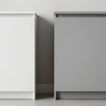 A split-view image showing a detailed close-up of a white Shaker cabinet door on one side and a minimalist grey slab cabinet door on the other.