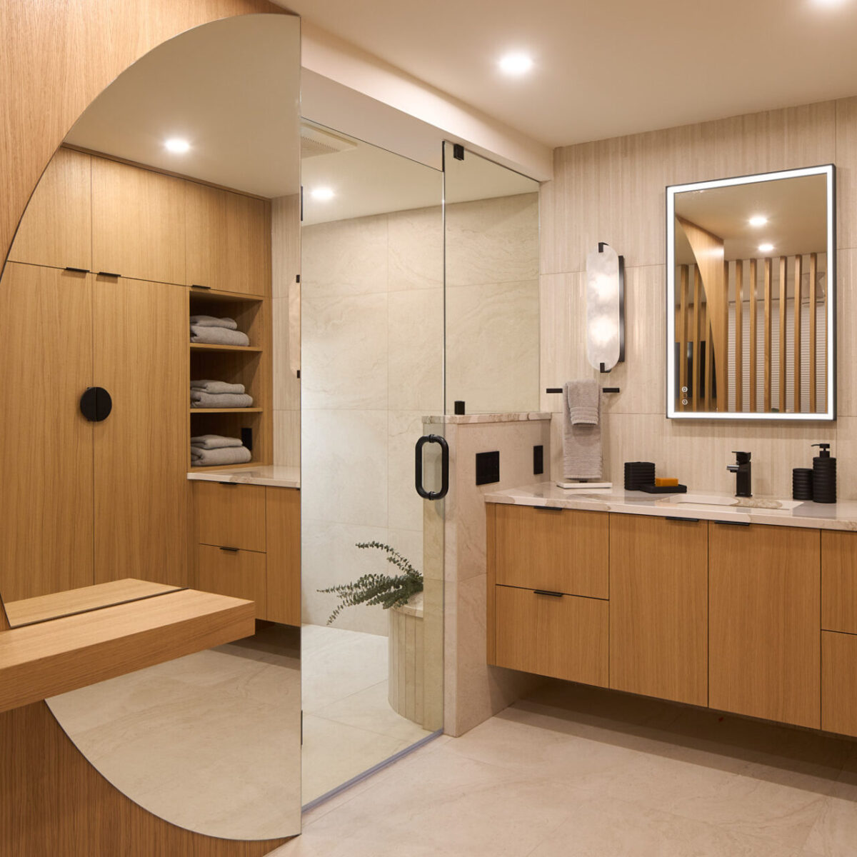 mkphoto-666leginboot-0051 Bathroom with freestanding tub and wood vanity