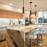 Open concept kitchen and dining area with pendant lighting