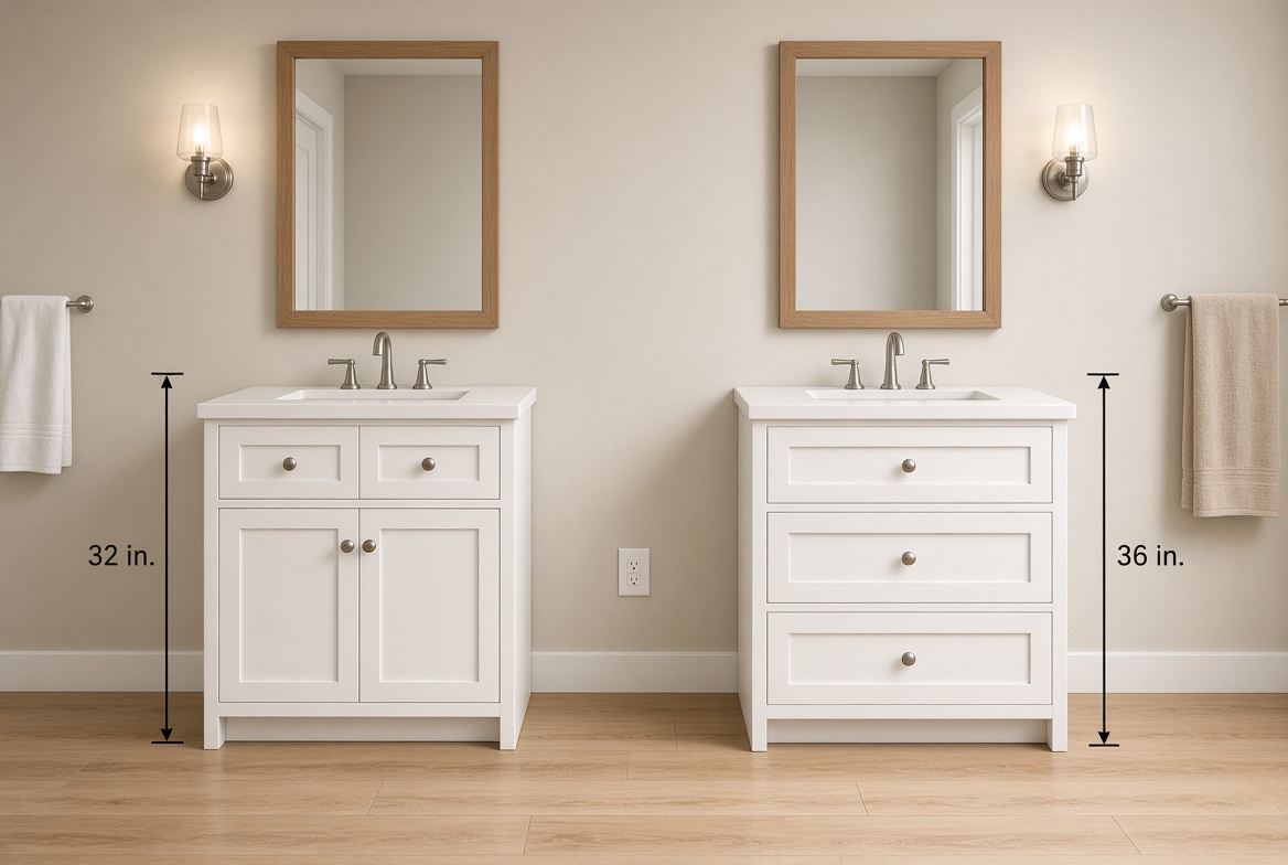 Floor-mounted bathroom vanities compared at 32-inch standard height and 36-inch comfort height