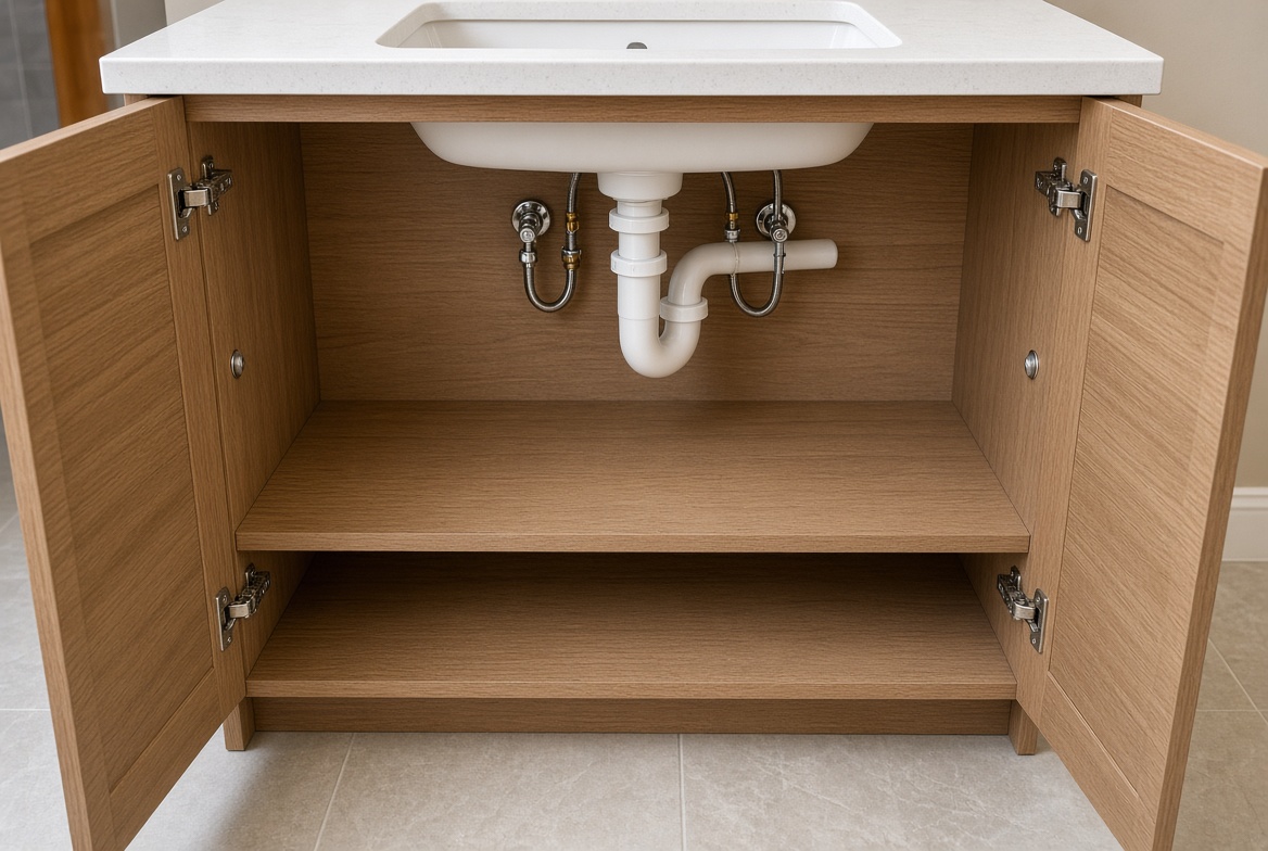 Open vanity sink cabinet showing P-trap, shutoffs and service access