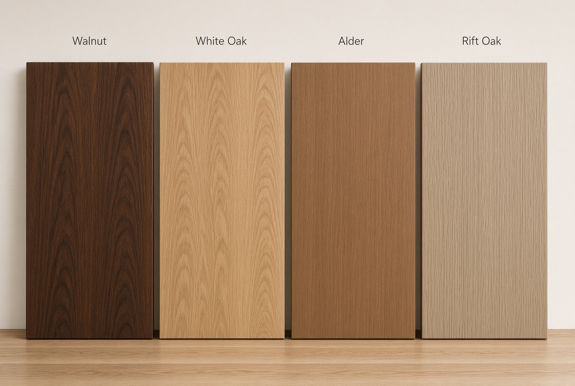 Wood cabinet door samples in walnut, white oak, alder and rift oak side by side