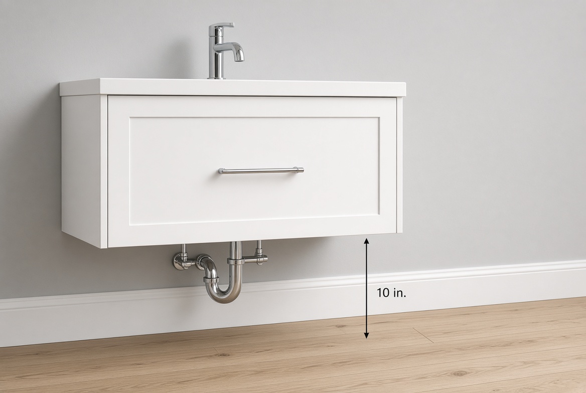 Floating bathroom vanity showing about 10 inches of clear floor underneath the cabinet