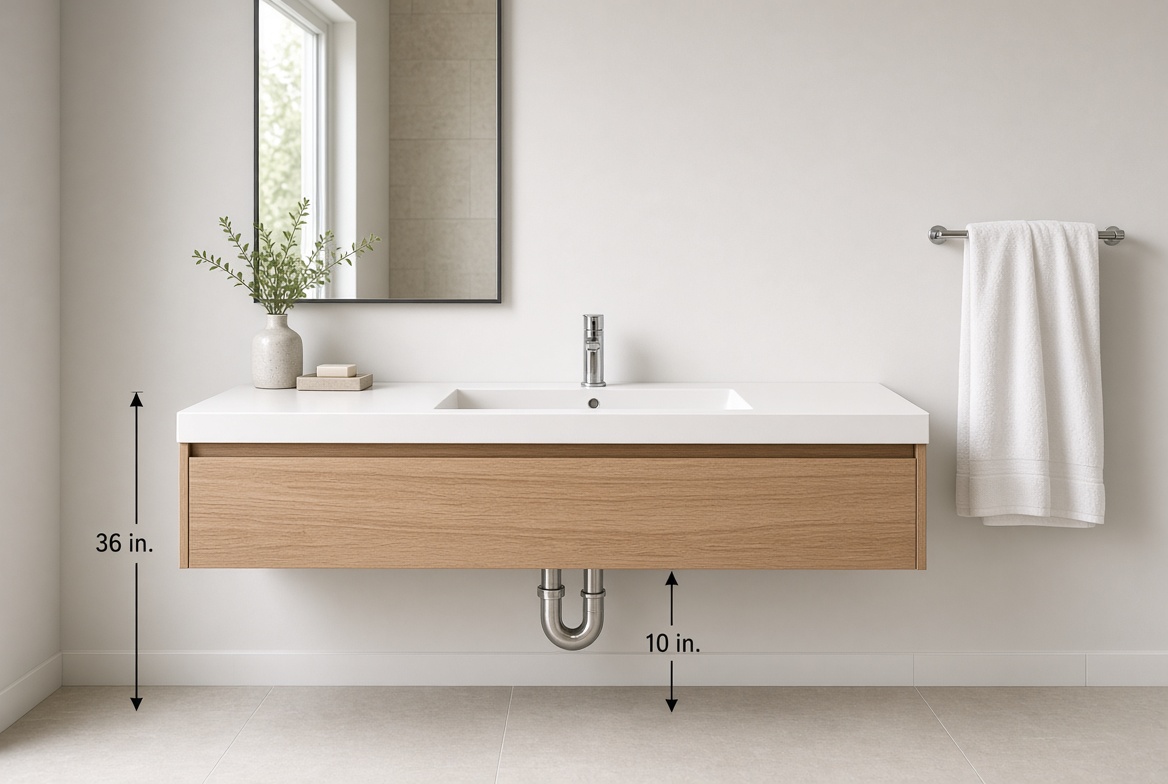 Floating bathroom vanity with a 36-inch finished counter height and clear space below