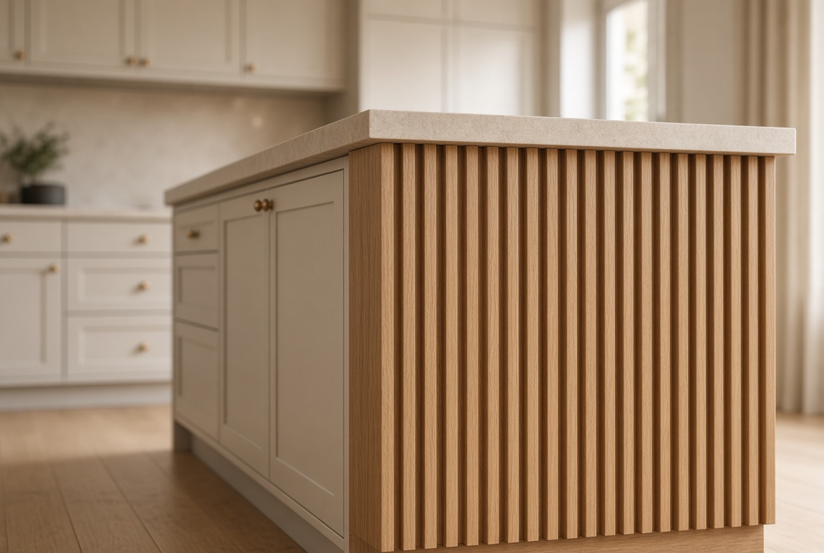 Fluted white oak island end panel used as a single accent beside a plain painted perimeter.