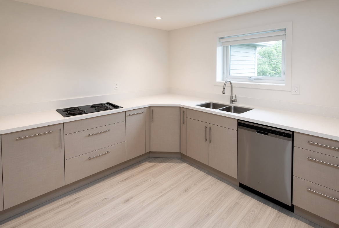 Compact L-shaped suite kitchen with one 24-inch range and landing space at the corner