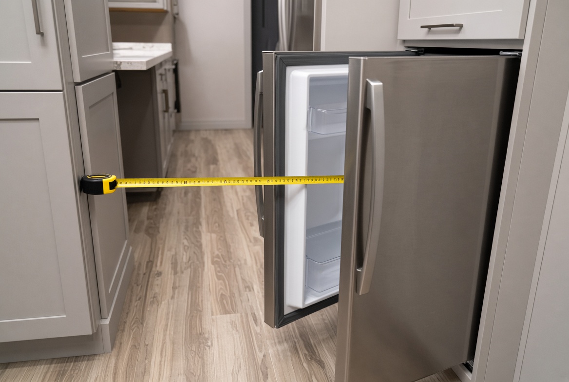 Measuring refrigerator door swing and handle clearance in a compact suite kitchen aisle