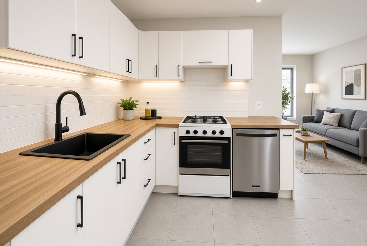 White laminate suite kitchen specified for rental use with durable easy-clean fronts