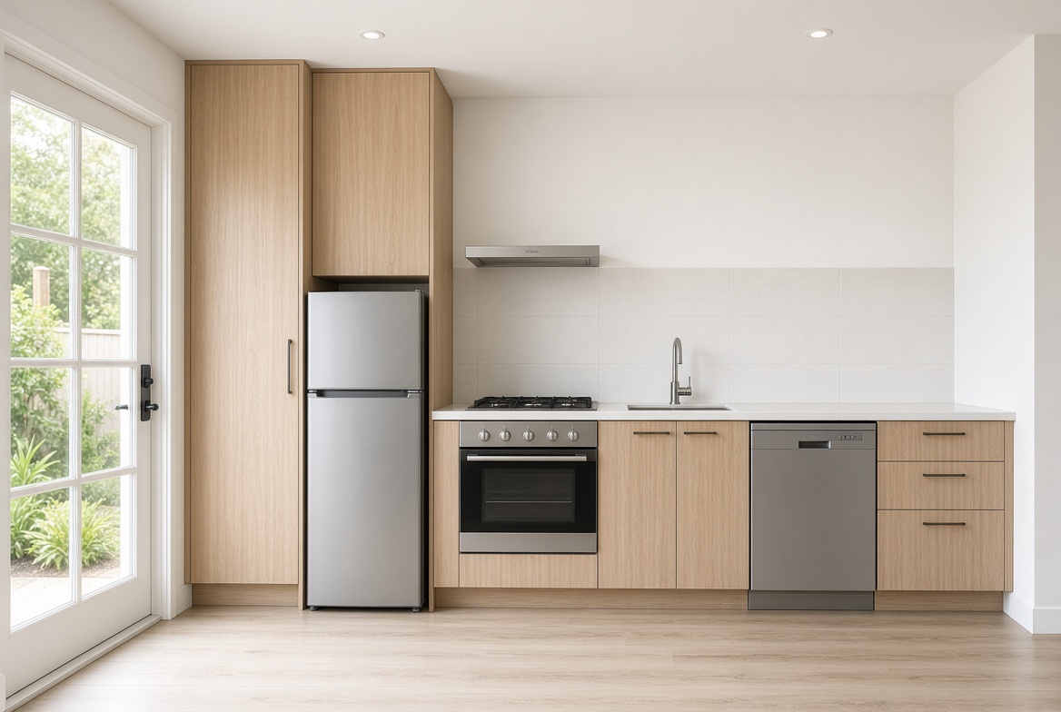 One-wall laneway suite kitchen using 24-inch appliances and a tall pantry