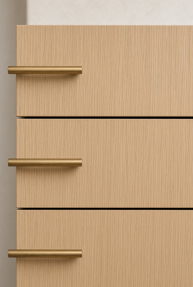 White oak slab drawer bank with continuous vertical grain running across three stacked fronts and slim brass edge pulls.
