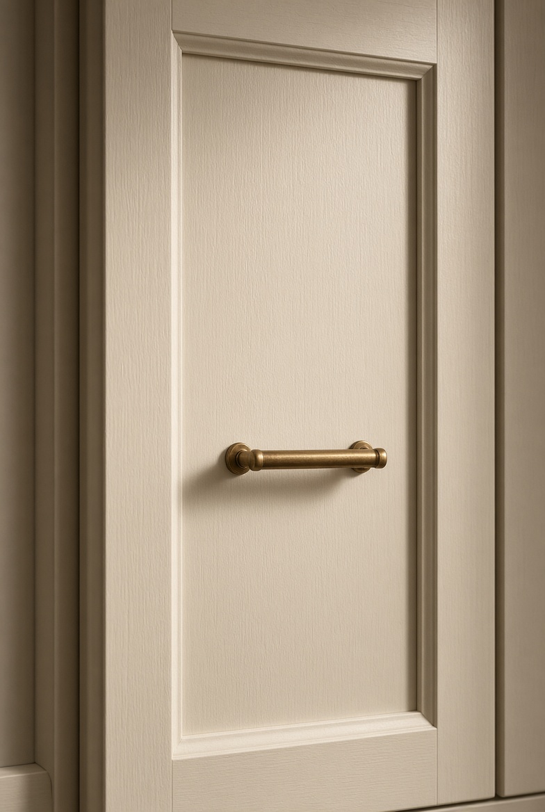 Close-up of a slim Shaker cabinet door with a 2-inch rail, recessed panel and a short unlacquered brass bar pull.