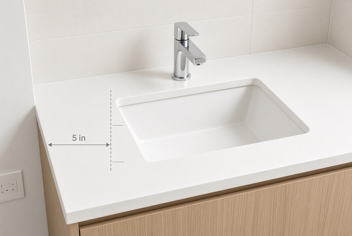 Undermount bathroom sink in a quartz vanity top with landing space beside the basin