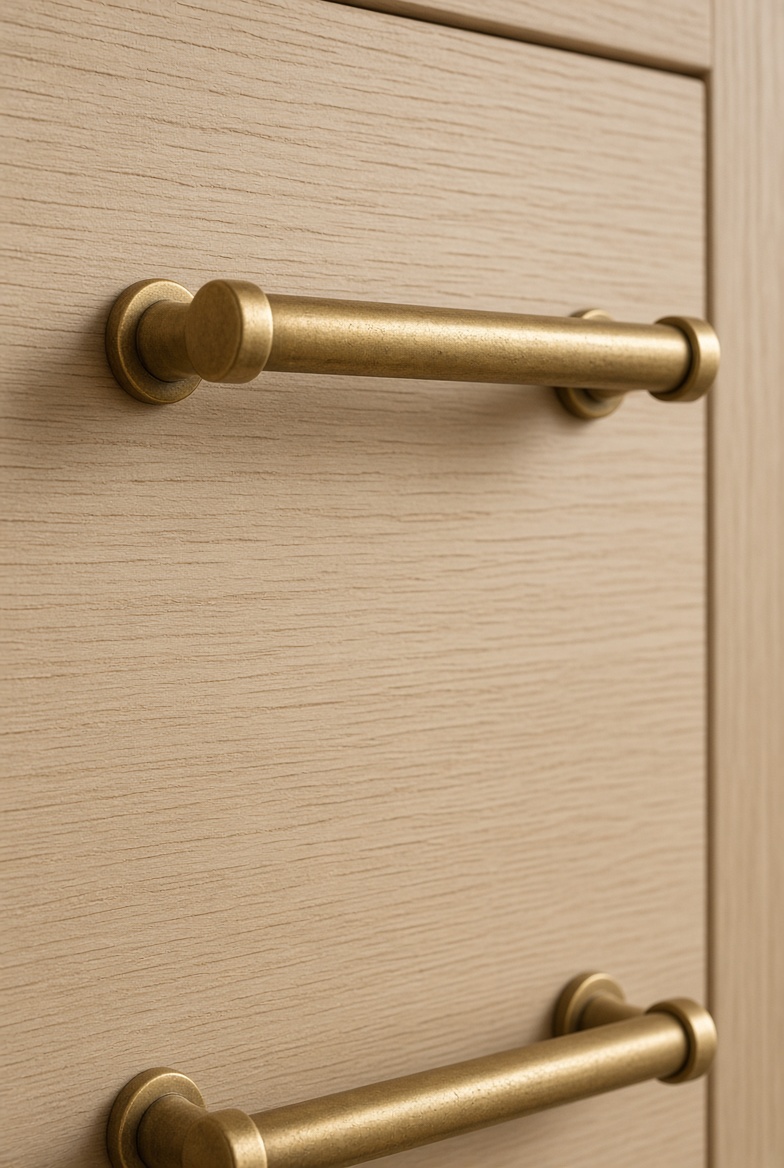 Unlacquered brass bar pulls on a white oak drawer front, showing early patina from daily use.