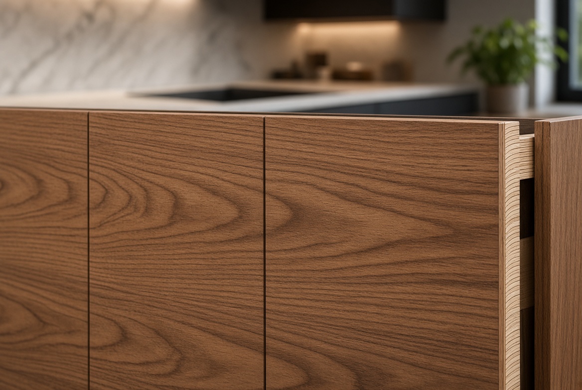 Sequence-matched walnut veneer panels running continuously across a cabinet bank